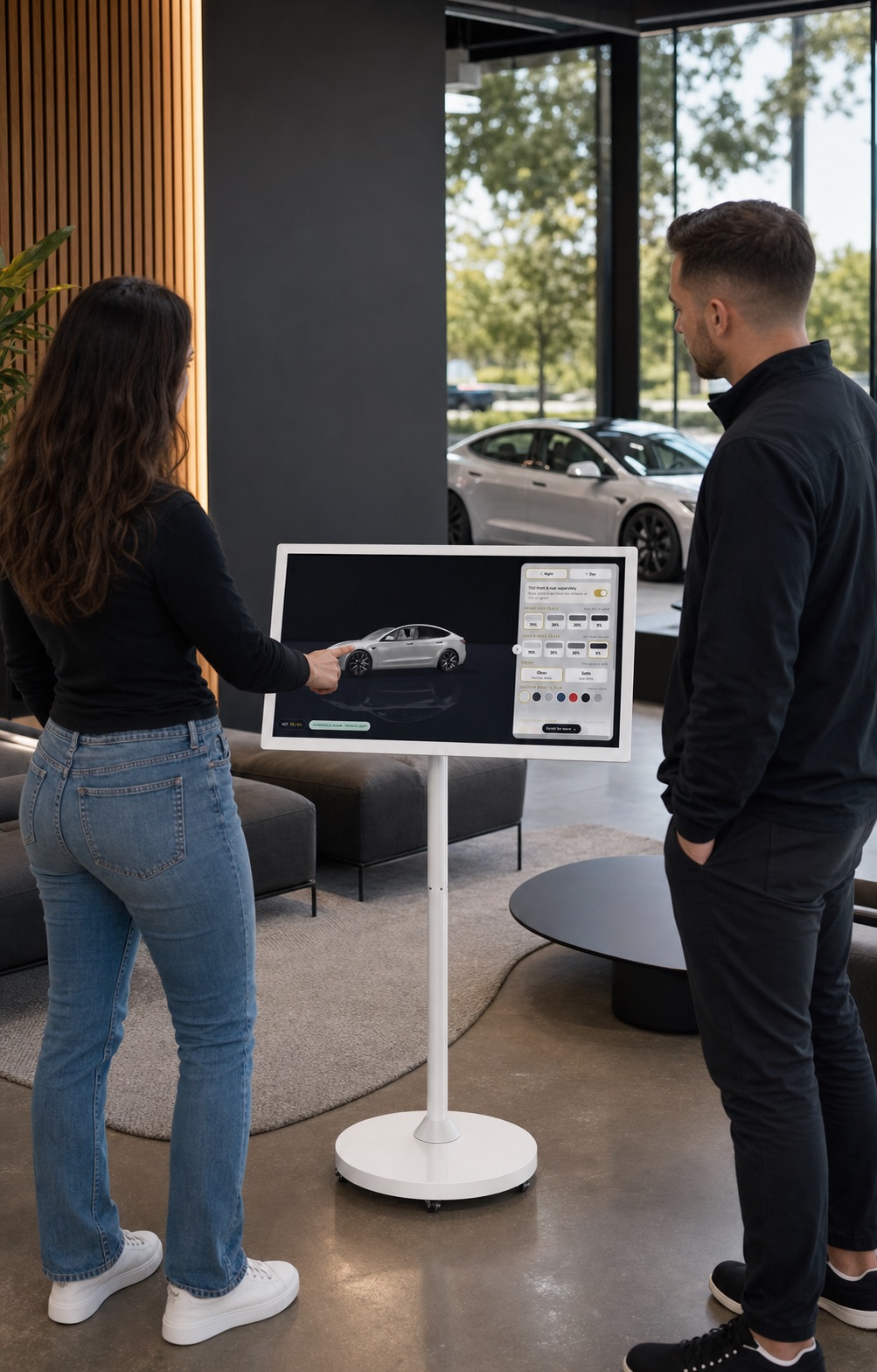 Two people configuring a car on the lobby touchscreen