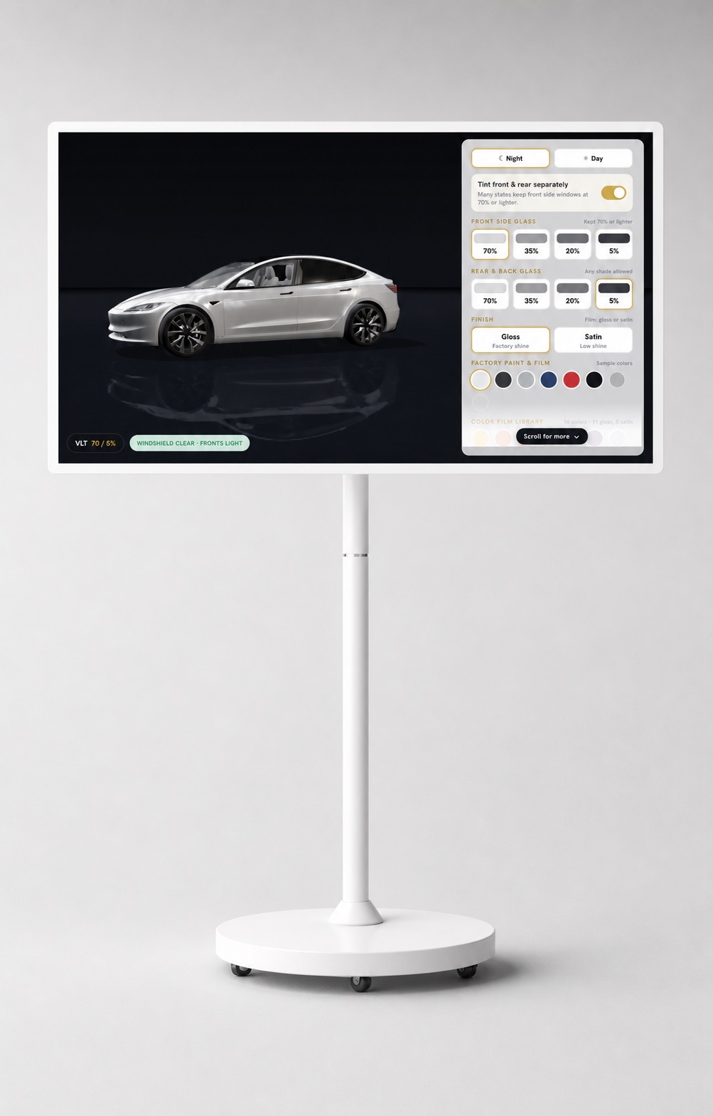 The 3D Cars Studio touchscreen on its rolling floor stand