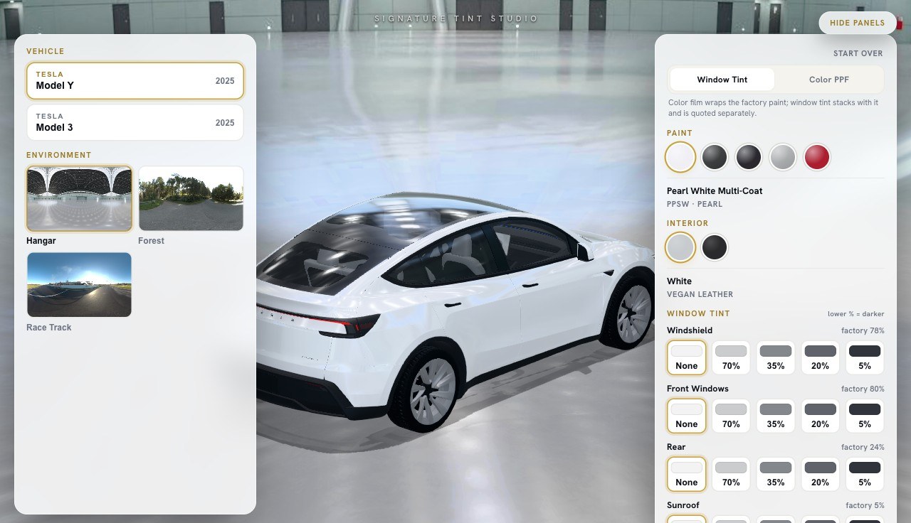 The 3D Cars Studio 3D configurator: a Tesla Model Y with paint, interior and per-window tint controls